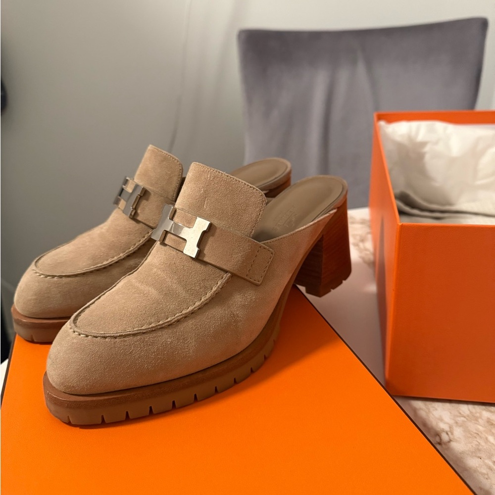 Hermes Flore 60 Suede Mules Beige Argile Size 38
